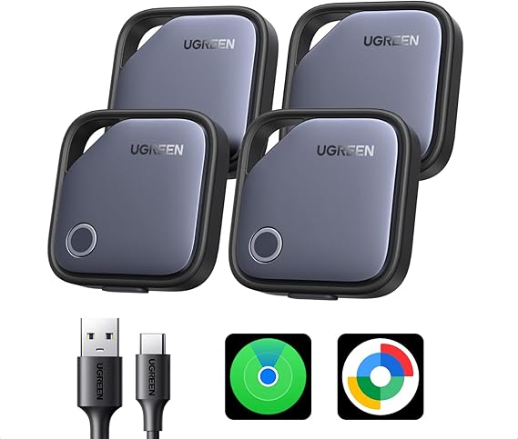 UGREEN Finder Duo (iOS and Android) Air Tracker Tags 4 Pack, 1-Year USB-C Rechargeable Battery Bluetooth Tracker Compatible with Apple Find My or Find Hub App